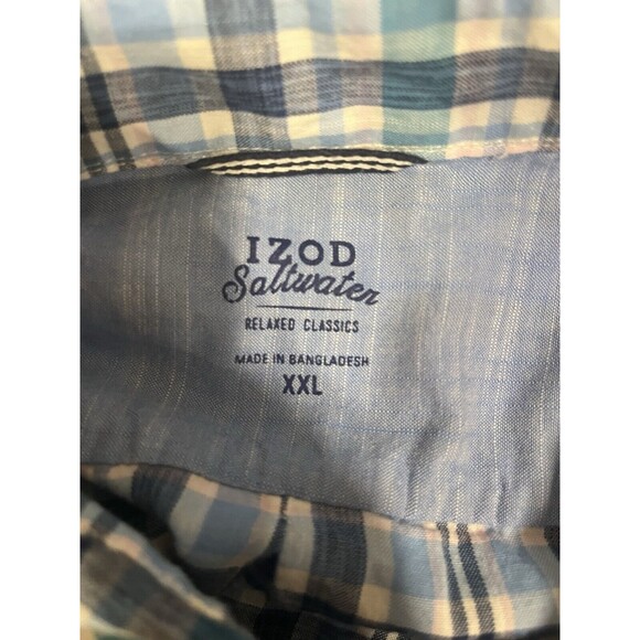 Izod Saltwater Short Sleeve Button Up Shirt Mens XXL Blue White Plaid Cotton - Picture 5 of 11